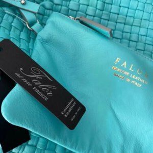 Falor Woven leather handbag tote w/ pouch AQUA F7349 teal blue ITAALE